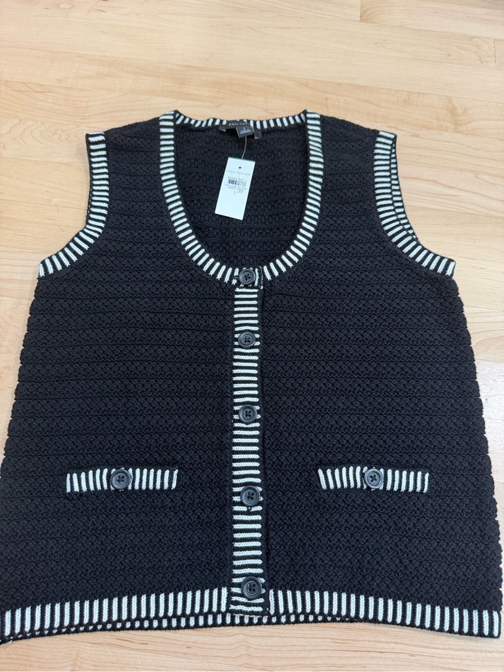 Ann Taylor Black Knit Vest with White Trim